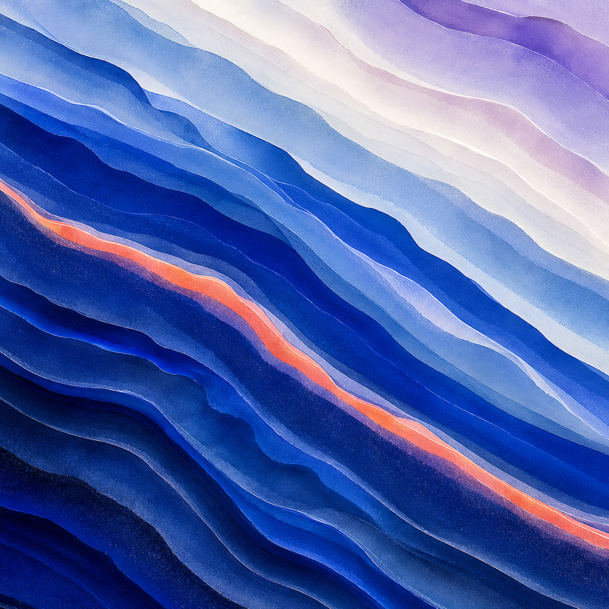 Layered blue slate waves crossed by a warm coral line